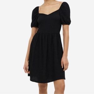 Puff-Sleeved Textured Black Dress